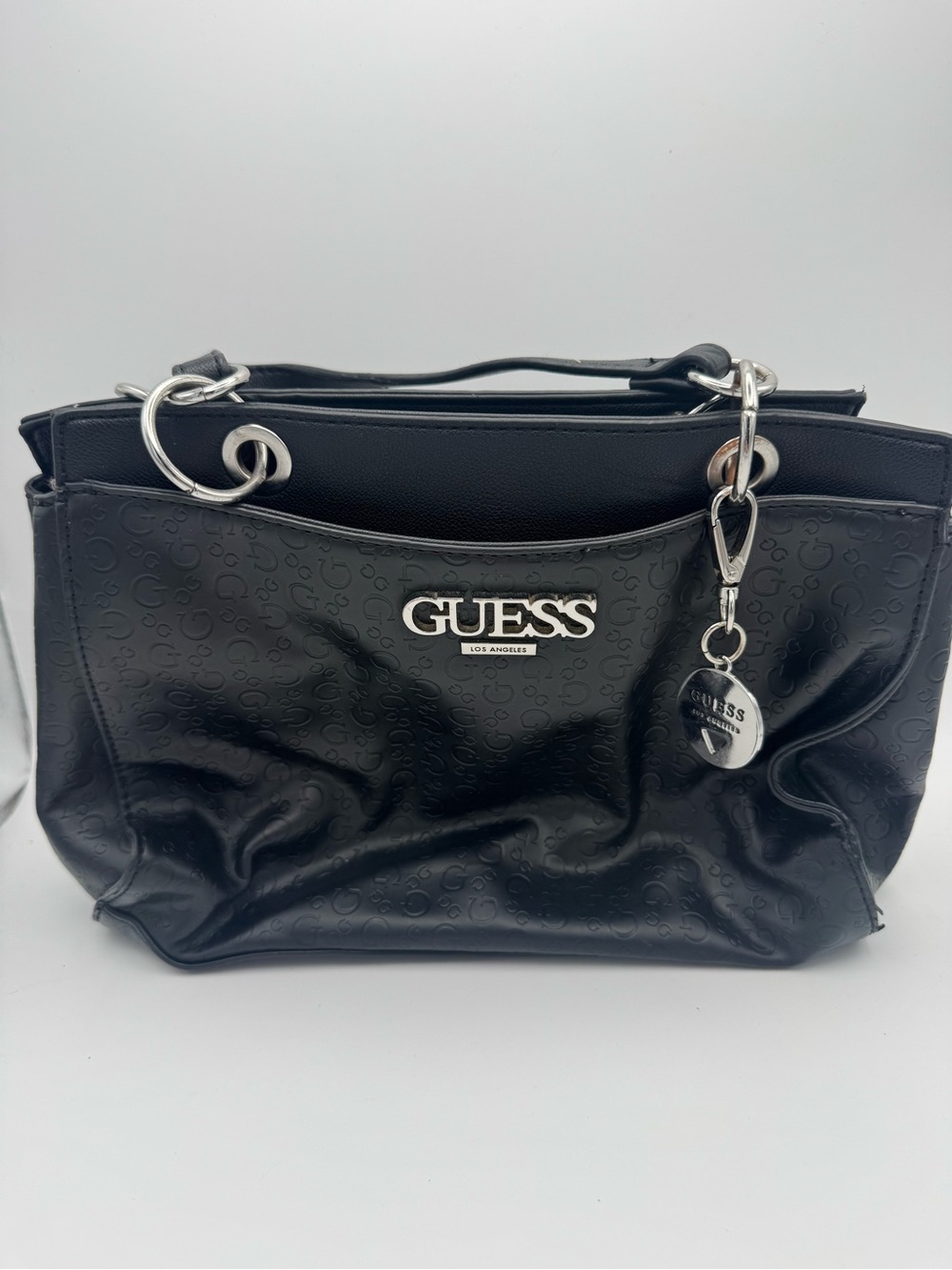 Guess Black Logo-Embossed Shoulder Bag with Silver Hardware